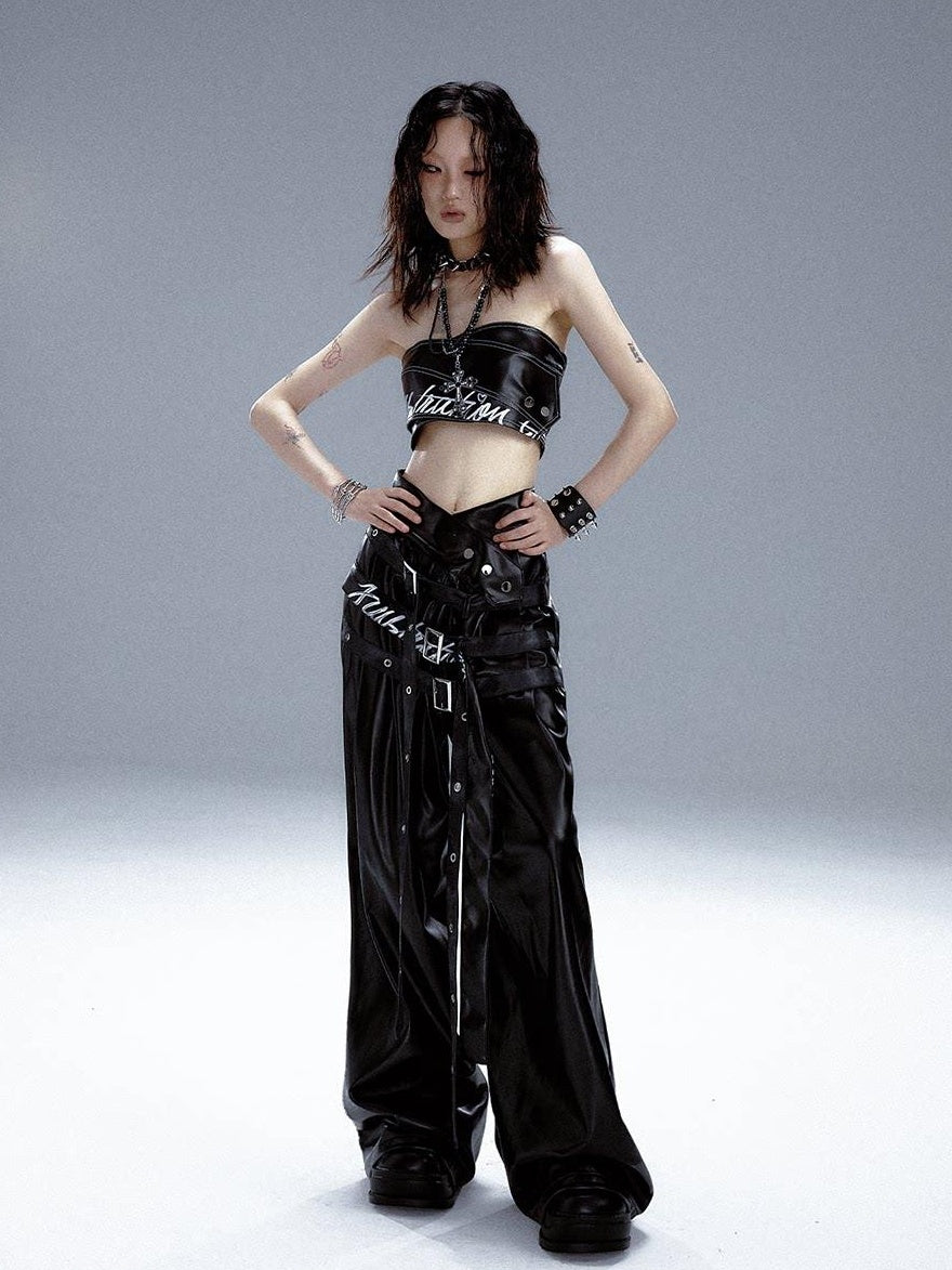 Frustration Garden Original High Waist Belted Wide Leg Printed Pu Black Women Leather Pants