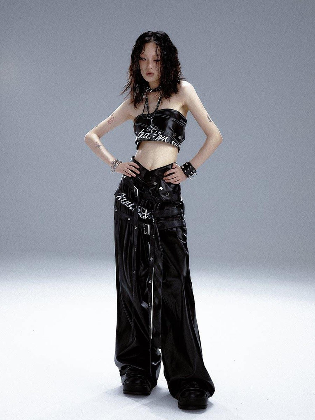 Frustration Garden Original High Waist Belted Wide Leg Printed Pu Black Women Leather Pants