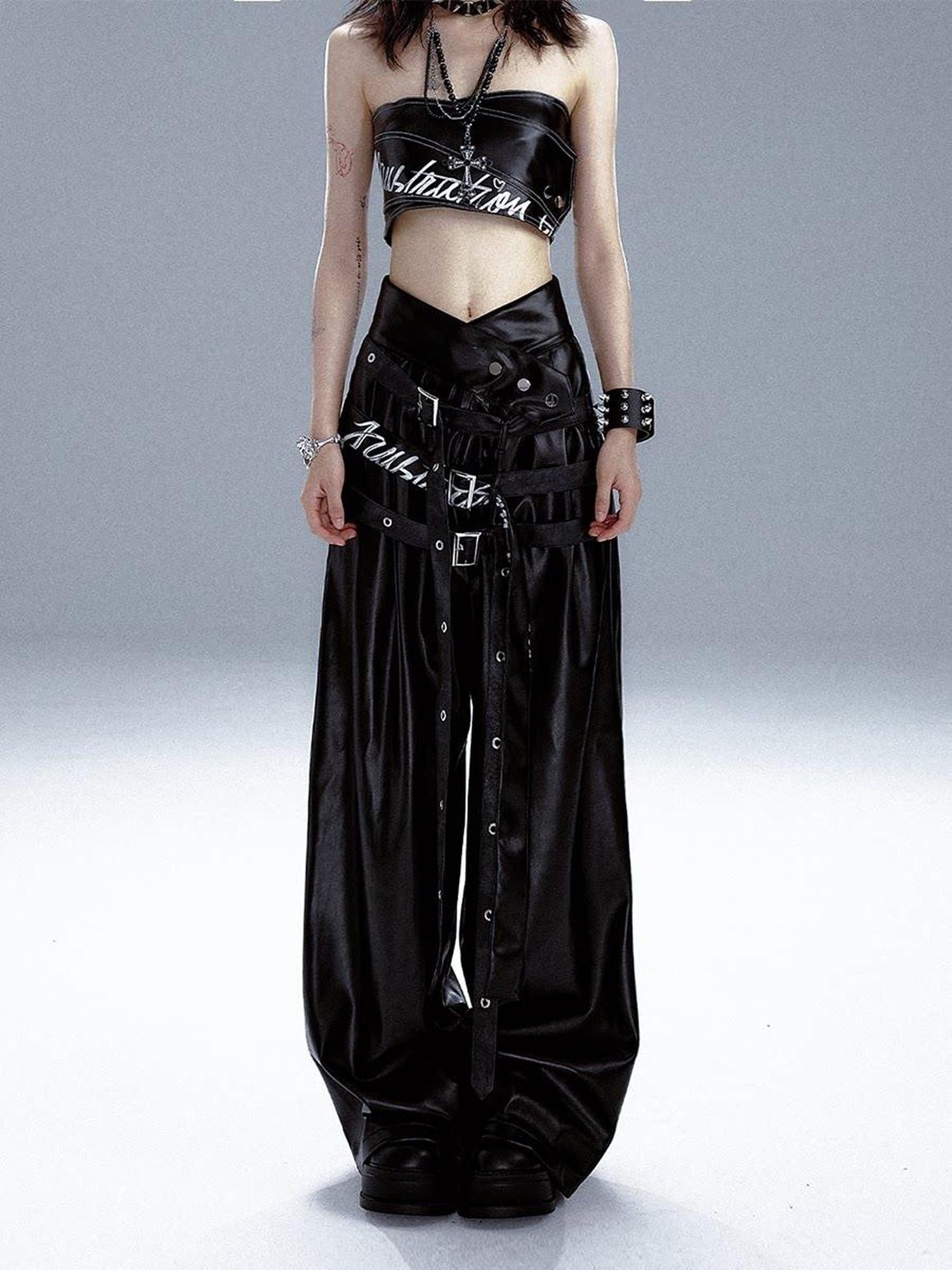 Frustration Garden Original High Waist Belted Wide Leg Printed Pu Black Women Leather Pants
