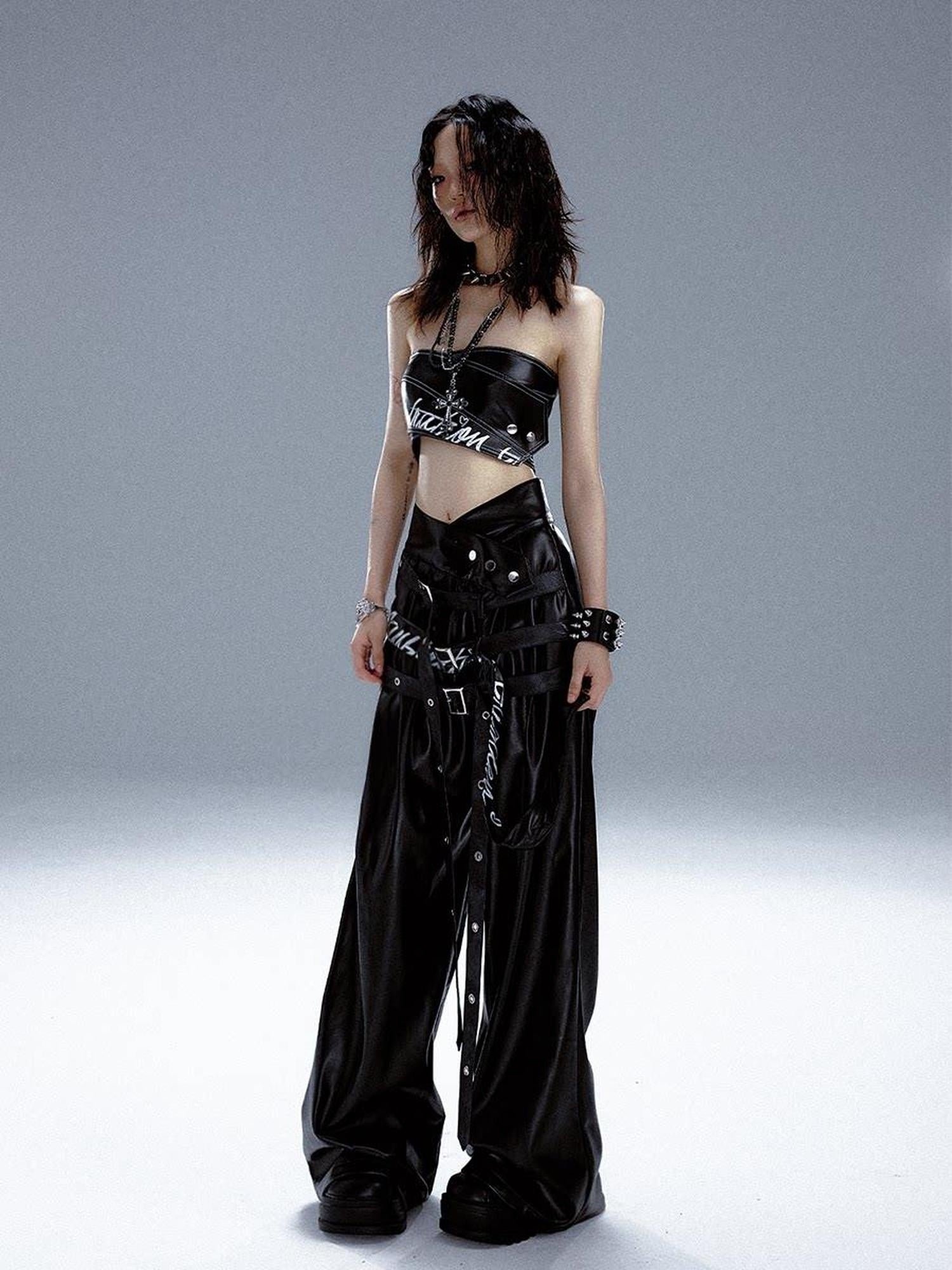 Frustration Garden Original High Waist Belted Wide Leg Printed Pu Black Women Leather Pants