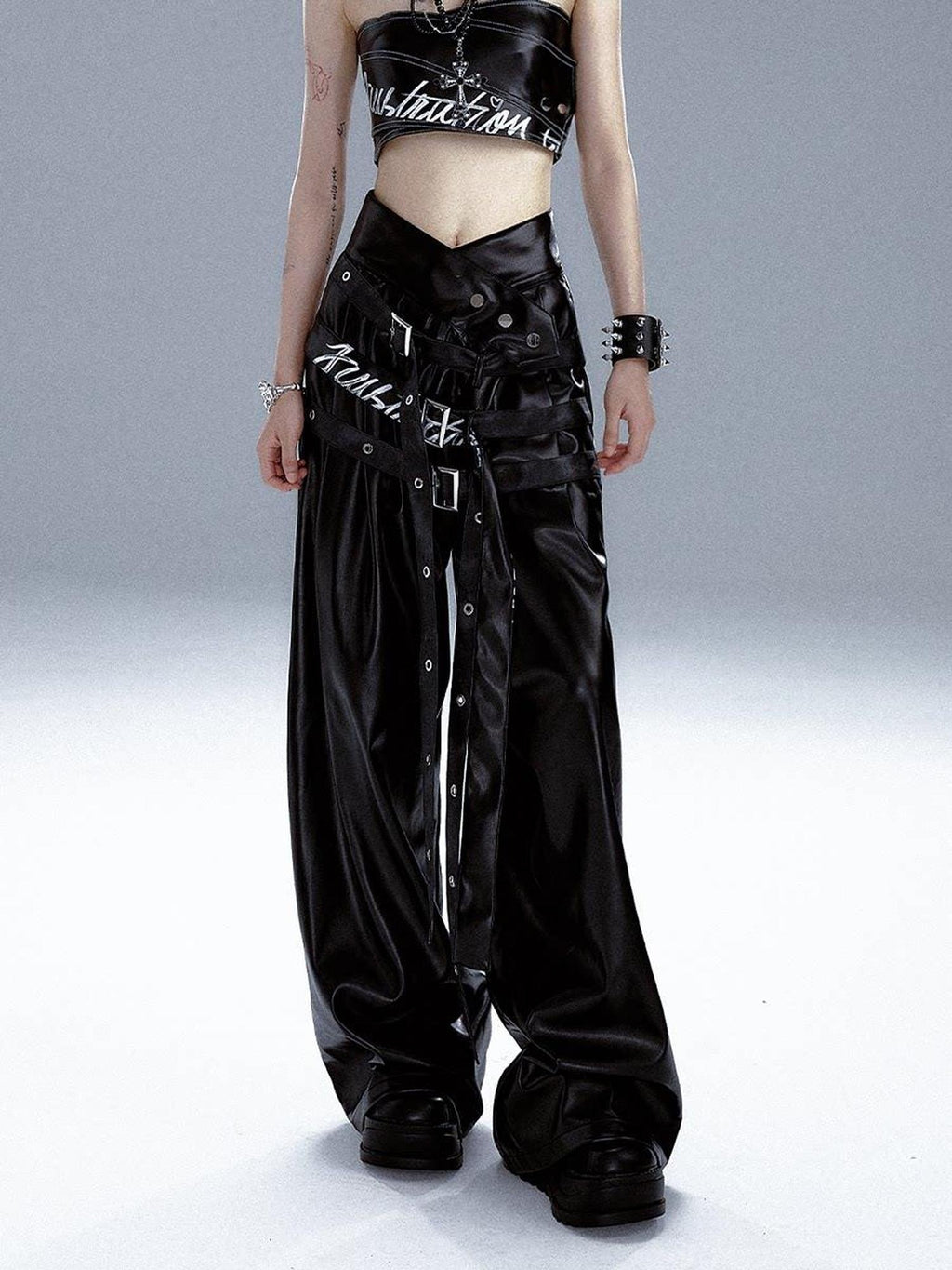 Frustration Garden Original High Waist Belted Wide Leg Printed Pu Black Women Leather Pants