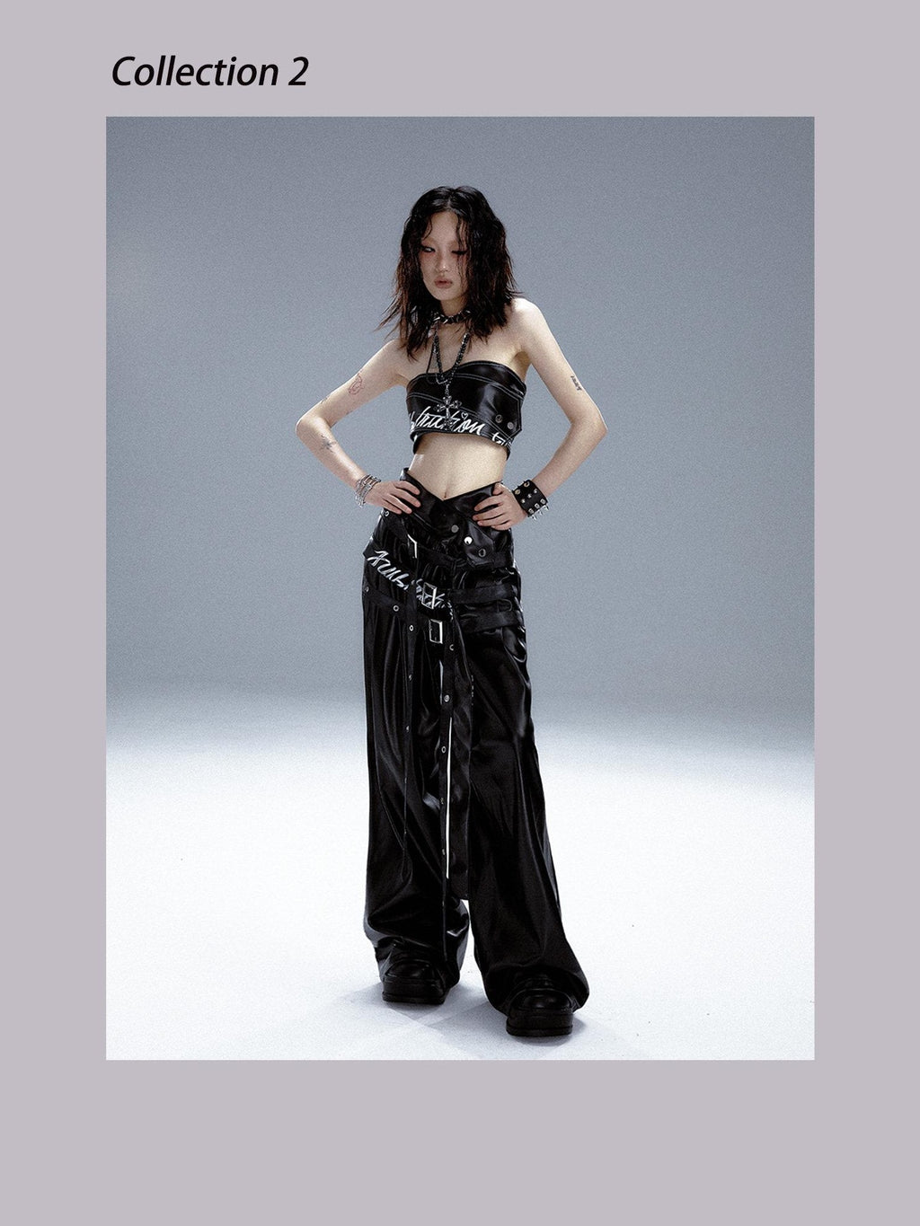Frustration Garden Original High Waist Belted Wide Leg Printed Pu Black Women Leather Pants