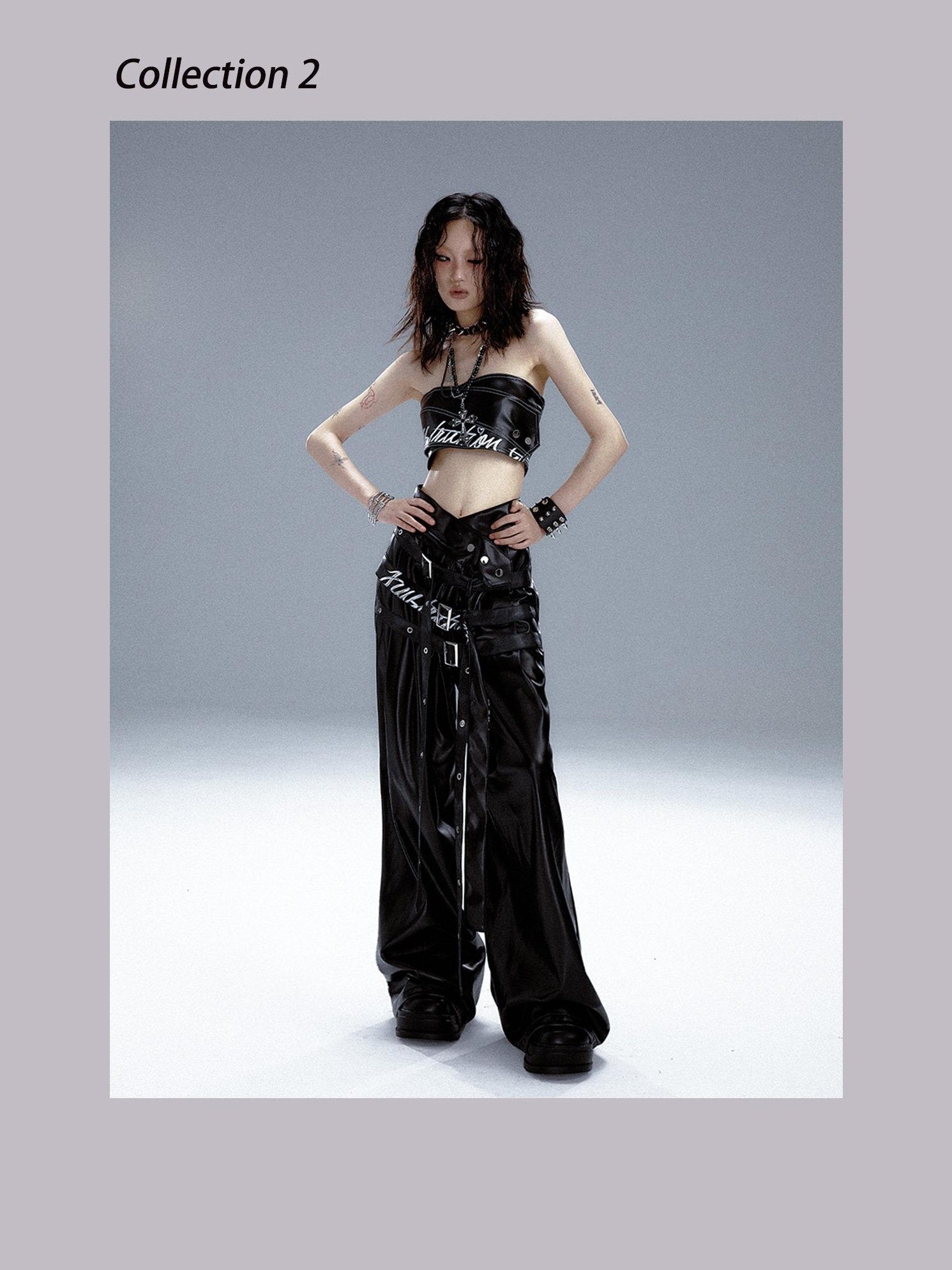 Frustration Garden Original High Waist Belted Wide Leg Printed Pu Black Women Leather Pants