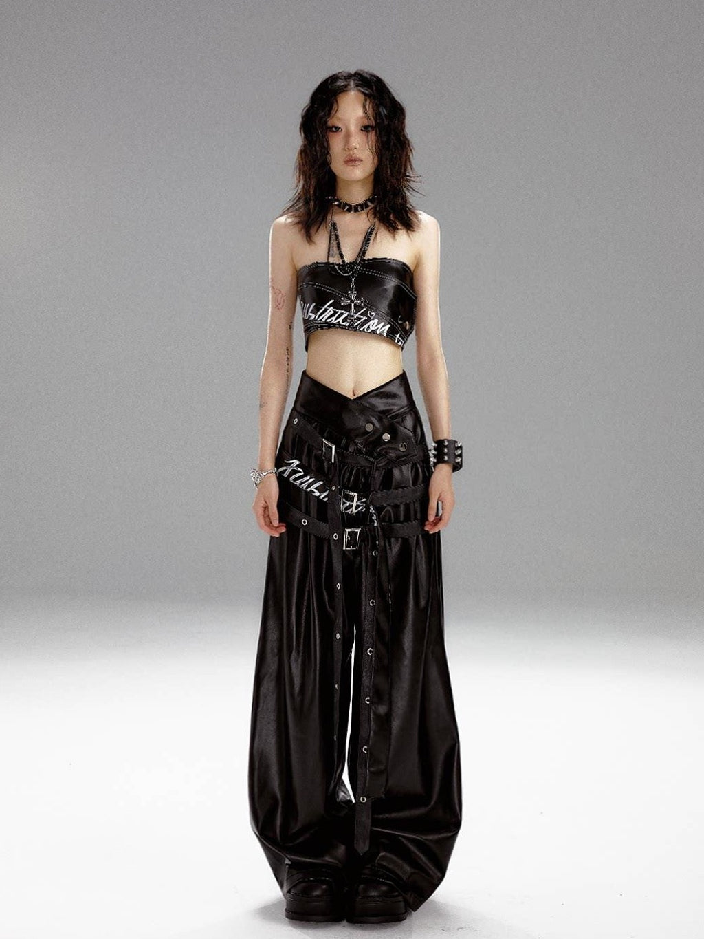 Frustration Garden Original High Waist Belted Wide Leg Printed Pu Black Women Leather Pants