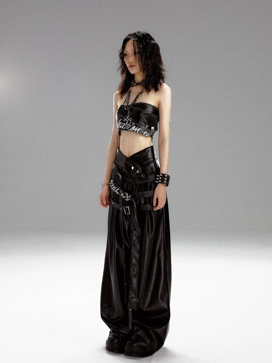 Frustration Garden Original High Waist Belted Wide Leg Printed Pu Black Women Leather Pants