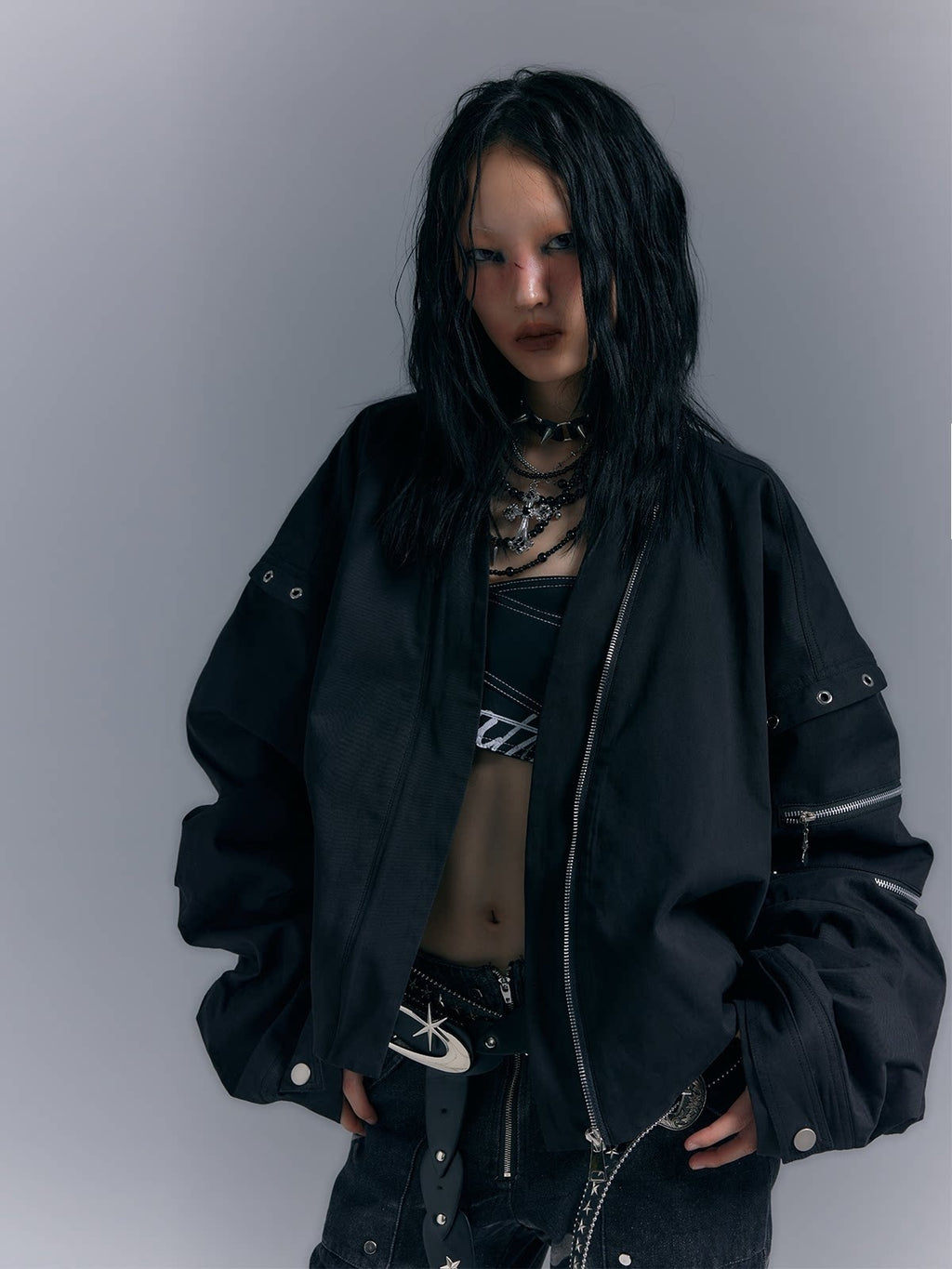 Frustration_Garden_Original_Loose_3D_Pocket_Asymmetrical_Zip_Women_Cotton_Black_Bomber_Jackets_MISSTT