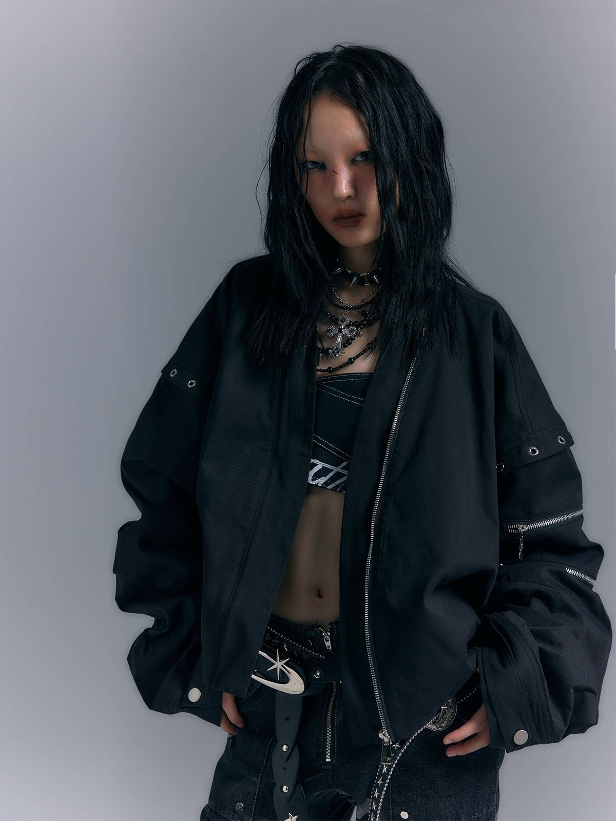 Frustration_Garden_Original_Loose_3D_Pocket_Asymmetrical_Zip_Women_Cotton_Black_Bomber_Jackets_MISSTT
