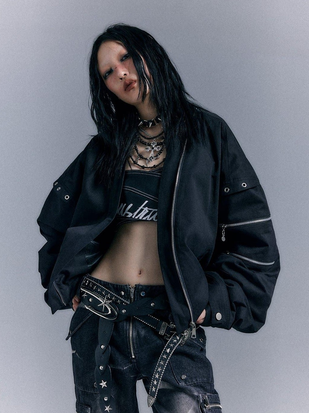 Frustration Garden Original Loose 3D Pocket Asymmetrical Zip Women Cotton Black Bomber Jackets