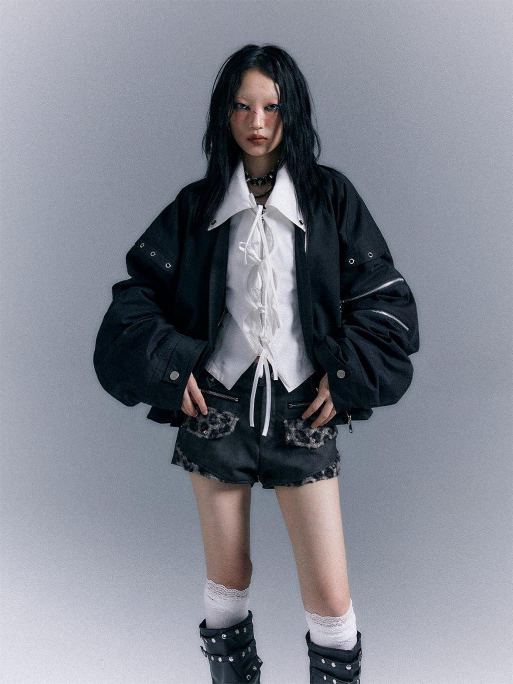 Frustration Garden Original Loose 3D Pocket Asymmetrical Zip Women Cotton Black Bomber Jackets