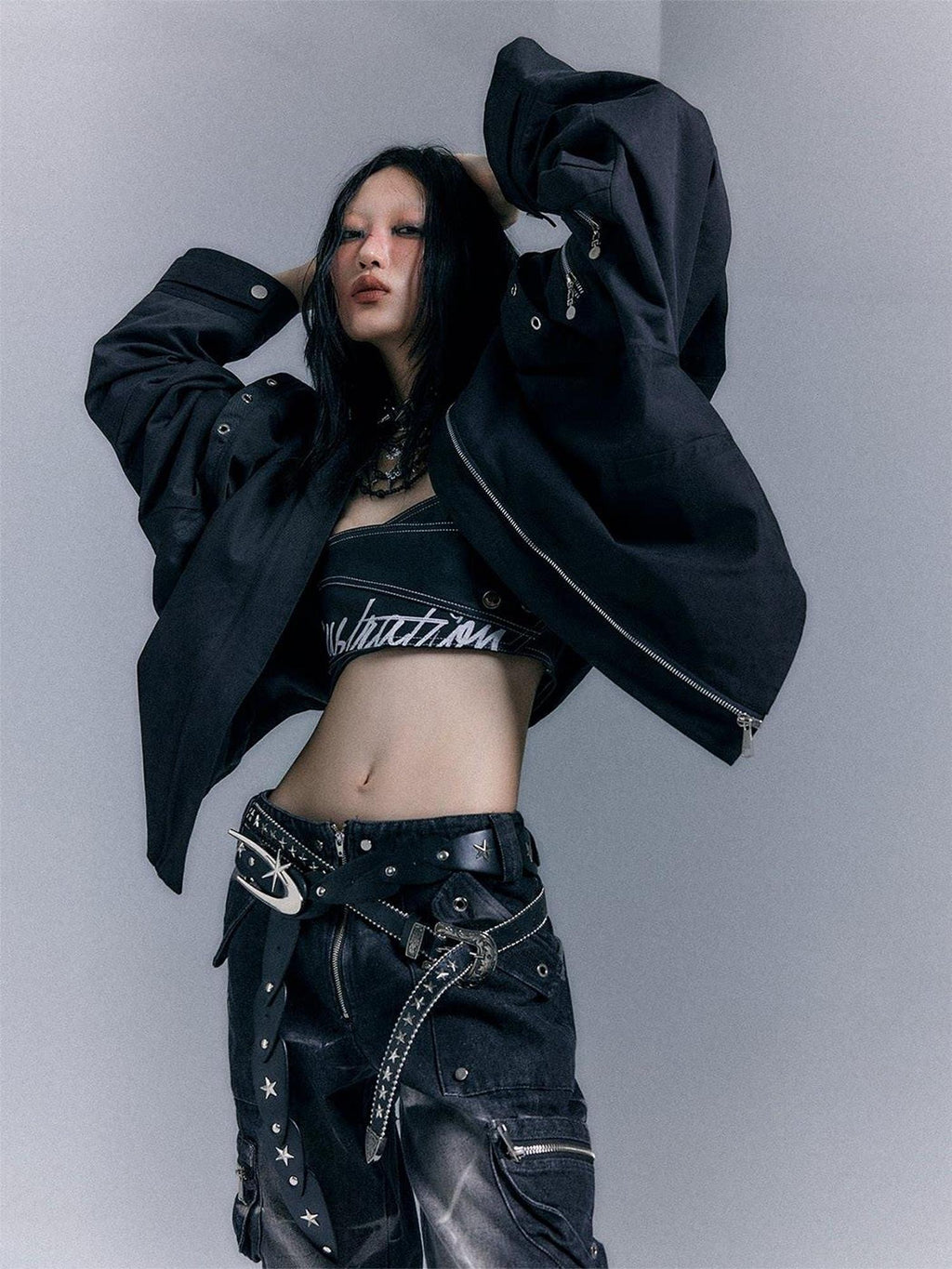 Frustration Garden Original Loose 3D Pocket Asymmetrical Zip Women Cotton Black Bomber Jackets