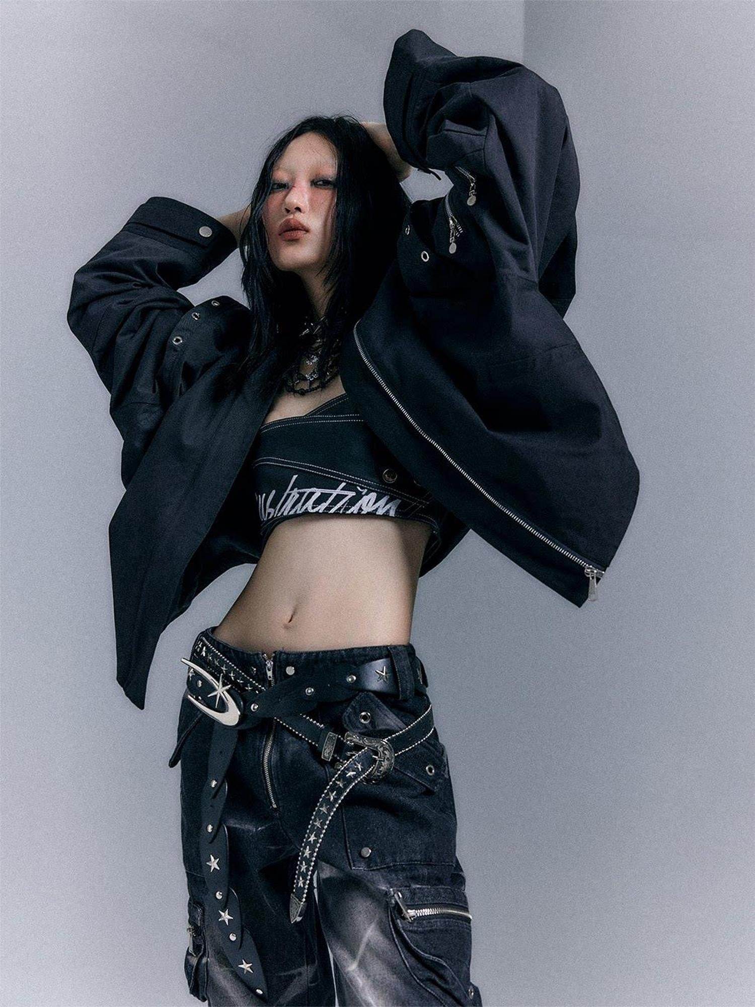Frustration Garden Original Loose 3D Pocket Asymmetrical Zip Women Cotton Black Bomber Jackets
