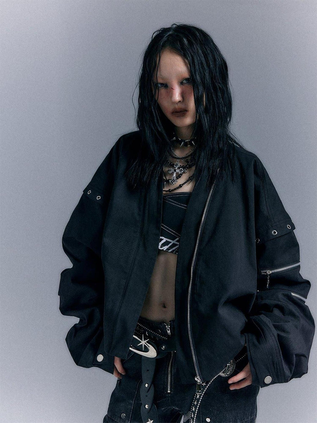 Frustration Garden Original Loose 3D Pocket Asymmetrical Zip Women Cotton Black Bomber Jackets
