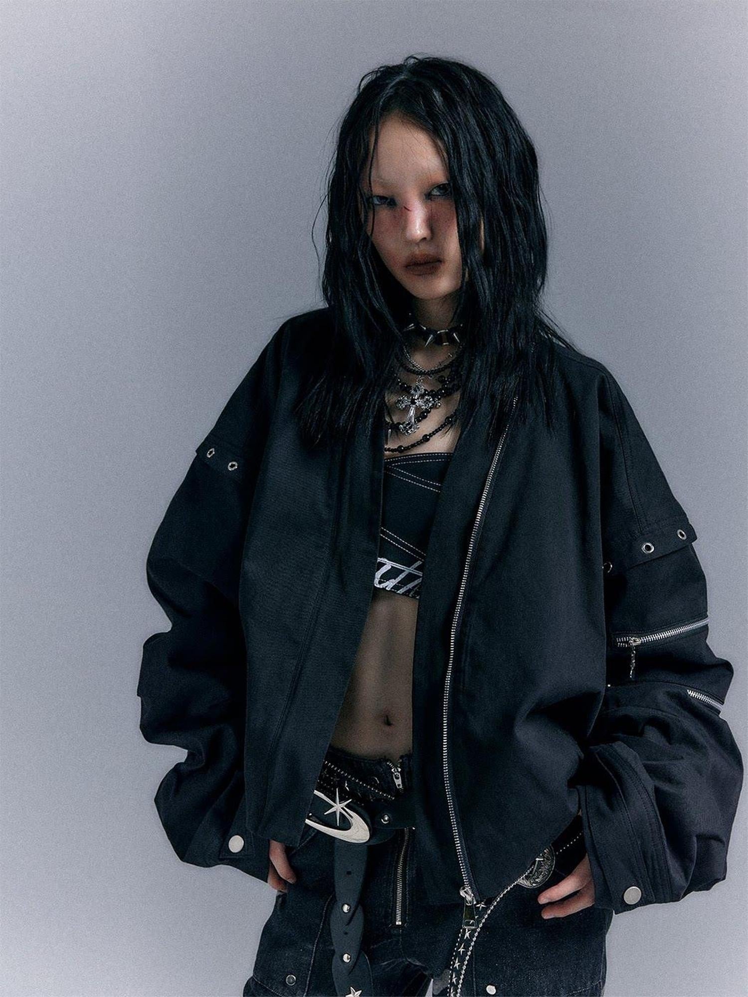Frustration Garden Original Loose 3D Pocket Asymmetrical Zip Women Cotton Black Bomber Jackets