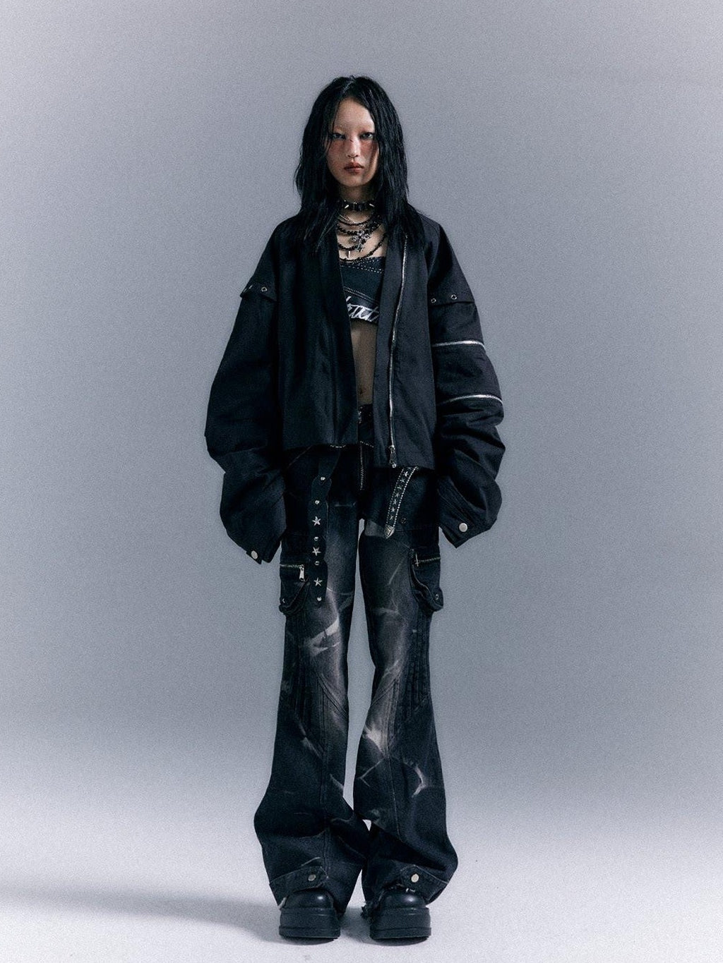 Frustration Garden Original Loose 3D Pocket Asymmetrical Zip Women Cotton Black Bomber Jackets