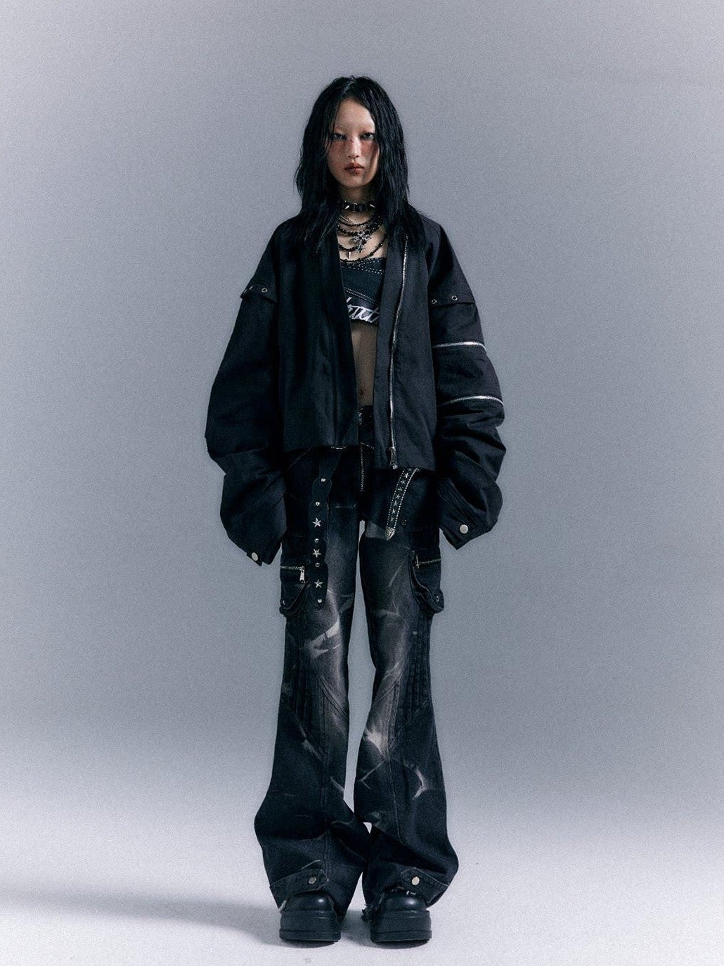 Frustration Garden Original Loose 3D Pocket Asymmetrical Zip Women Cotton Black Bomber Jackets