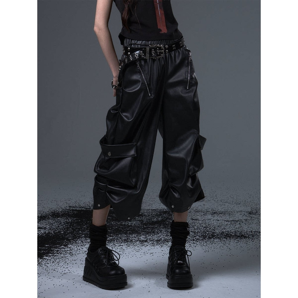 Frustration_Garden_Original_Loose_Cargo_Natural_Waist_Elastic_Unisex_Black_Pu_Leather_Pants_MISSTT