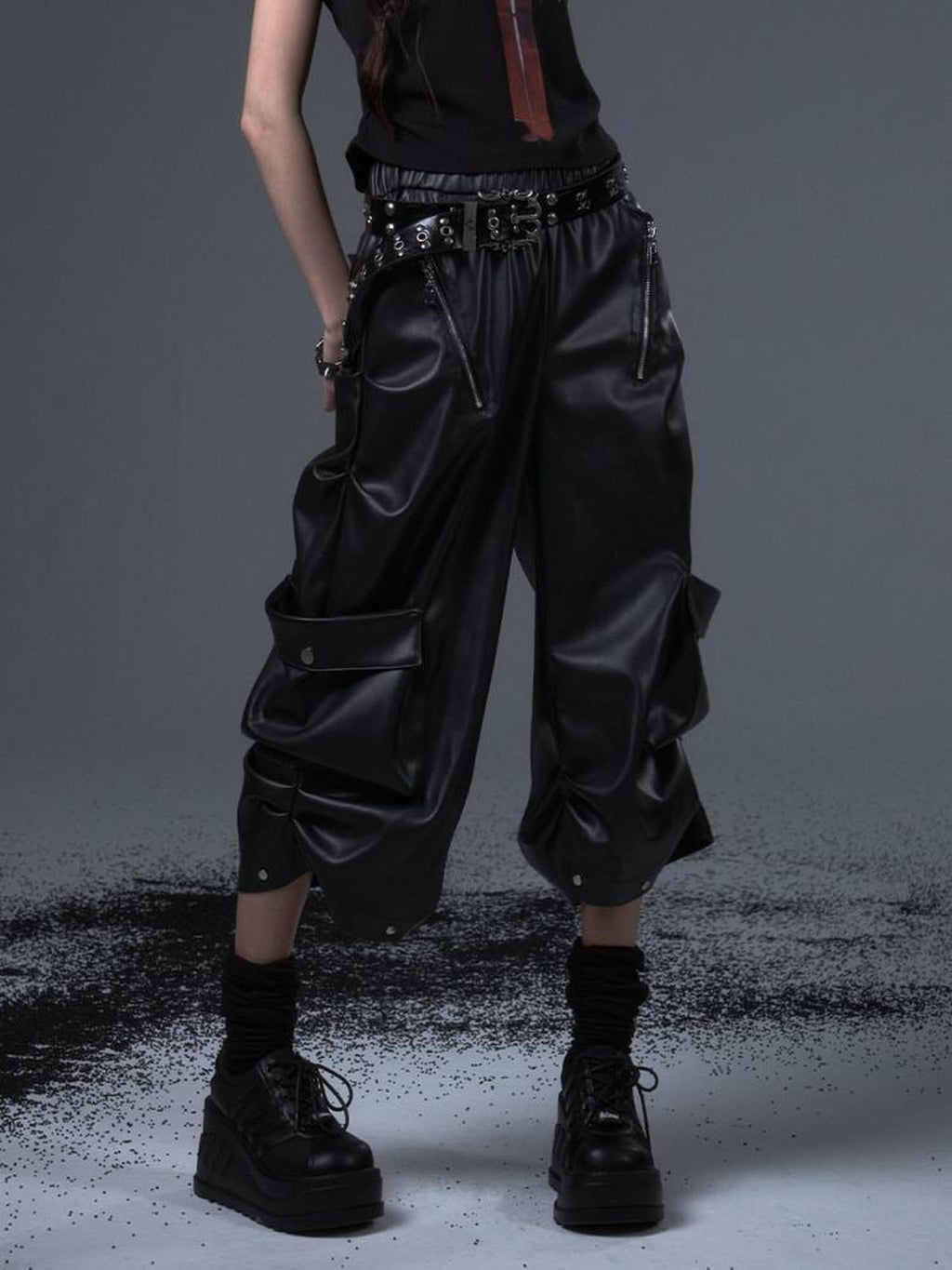 Frustration Garden Original Loose Cargo Natural Waist Elastic Unisex Black Pu Leather Pants