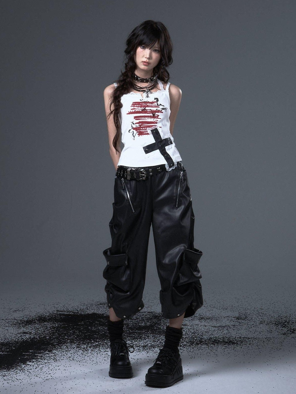 Frustration Garden Original Loose Cargo Natural Waist Elastic Unisex Black Pu Leather Pants