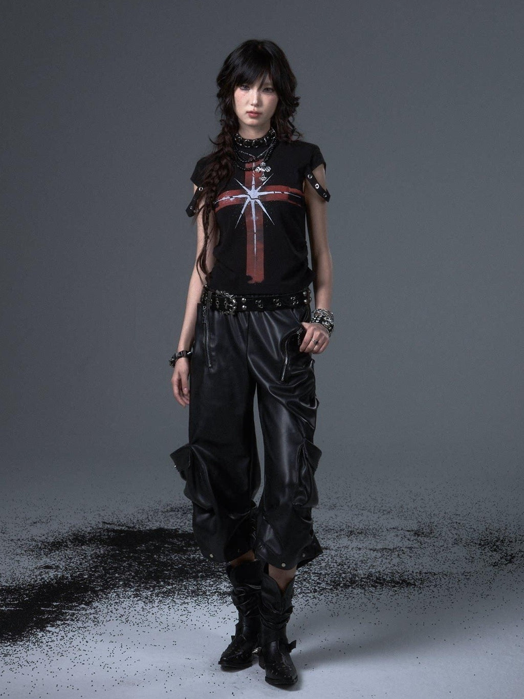 Frustration Garden Original Loose Cargo Natural Waist Elastic Unisex Black Pu Leather Pants