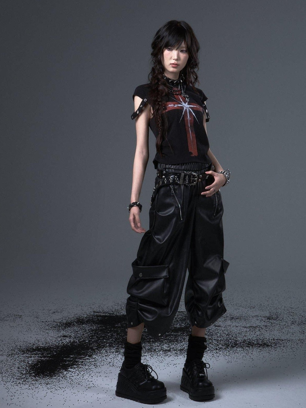 Frustration Garden Original Loose Cargo Natural Waist Elastic Unisex Black Pu Leather Pants