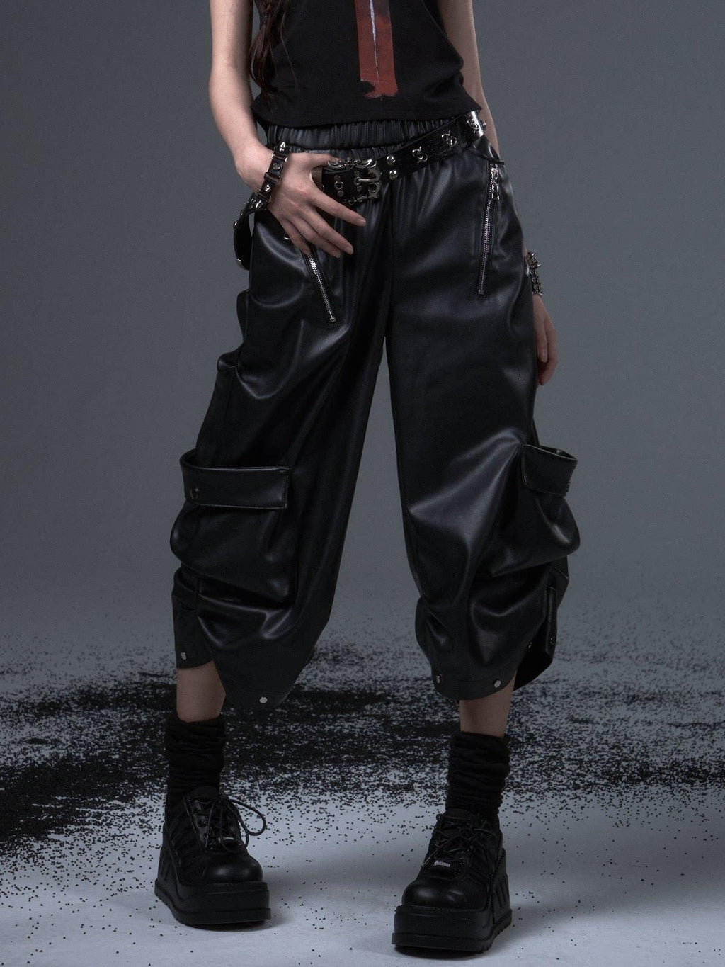 Frustration Garden Original Loose Cargo Natural Waist Elastic Unisex Black Pu Leather Pants