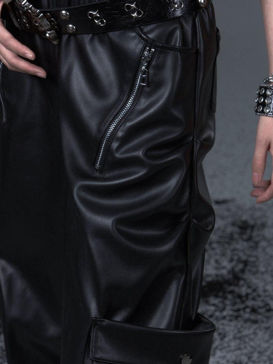 Frustration Garden Original Loose Cargo Natural Waist Elastic Unisex Black Pu Leather Pants