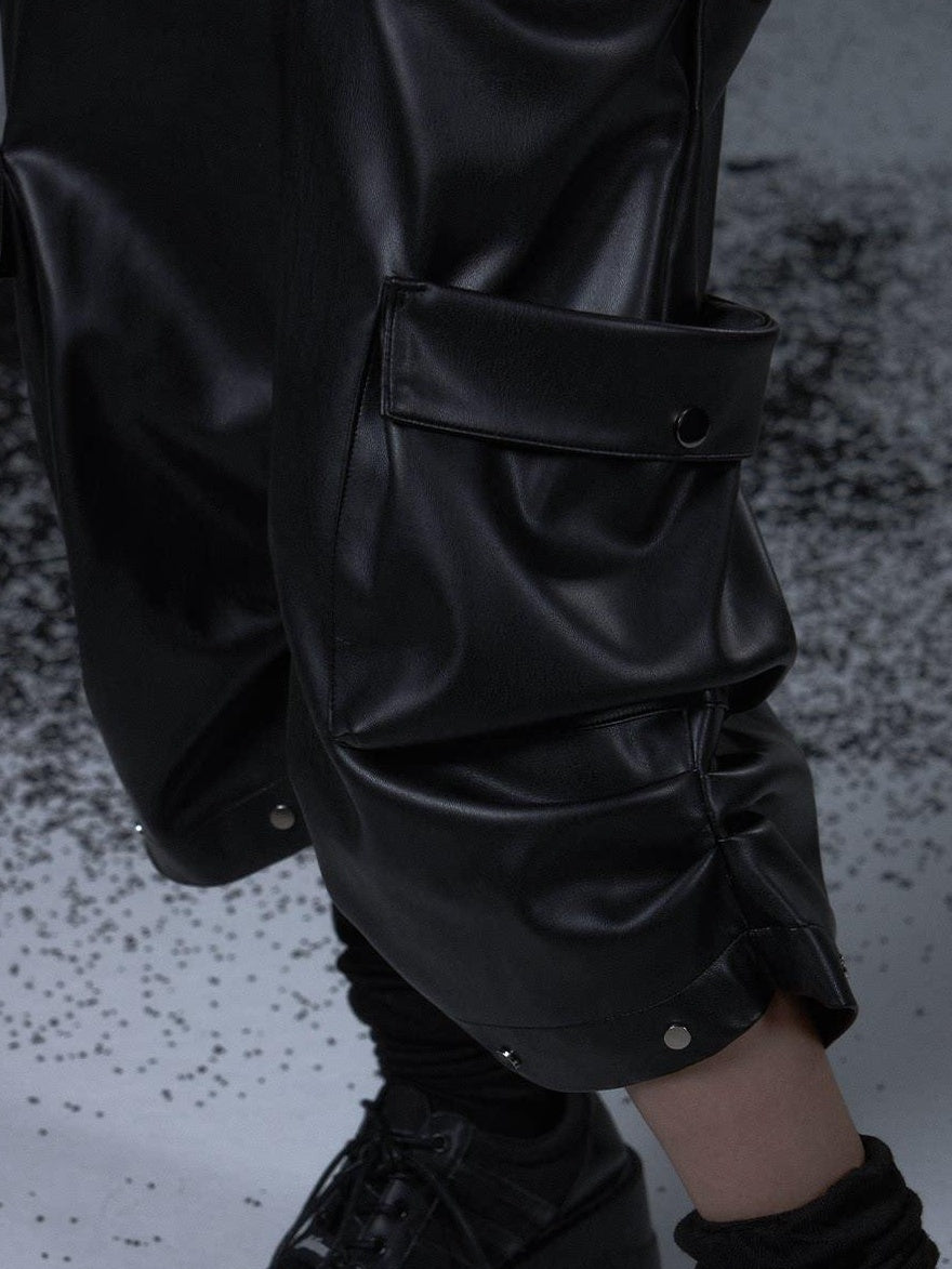 Frustration Garden Original Loose Cargo Natural Waist Elastic Unisex Black Pu Leather Pants