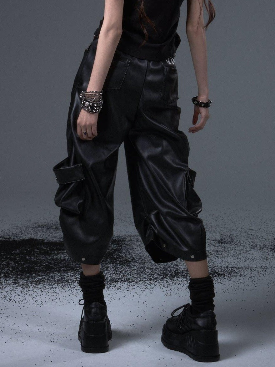 Frustration Garden Original Loose Cargo Natural Waist Elastic Unisex Black Pu Leather Pants