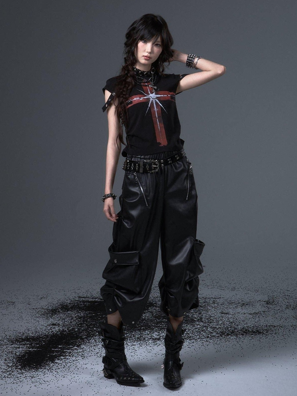 Frustration Garden Original Loose Cargo Natural Waist Elastic Unisex Black Pu Leather Pants