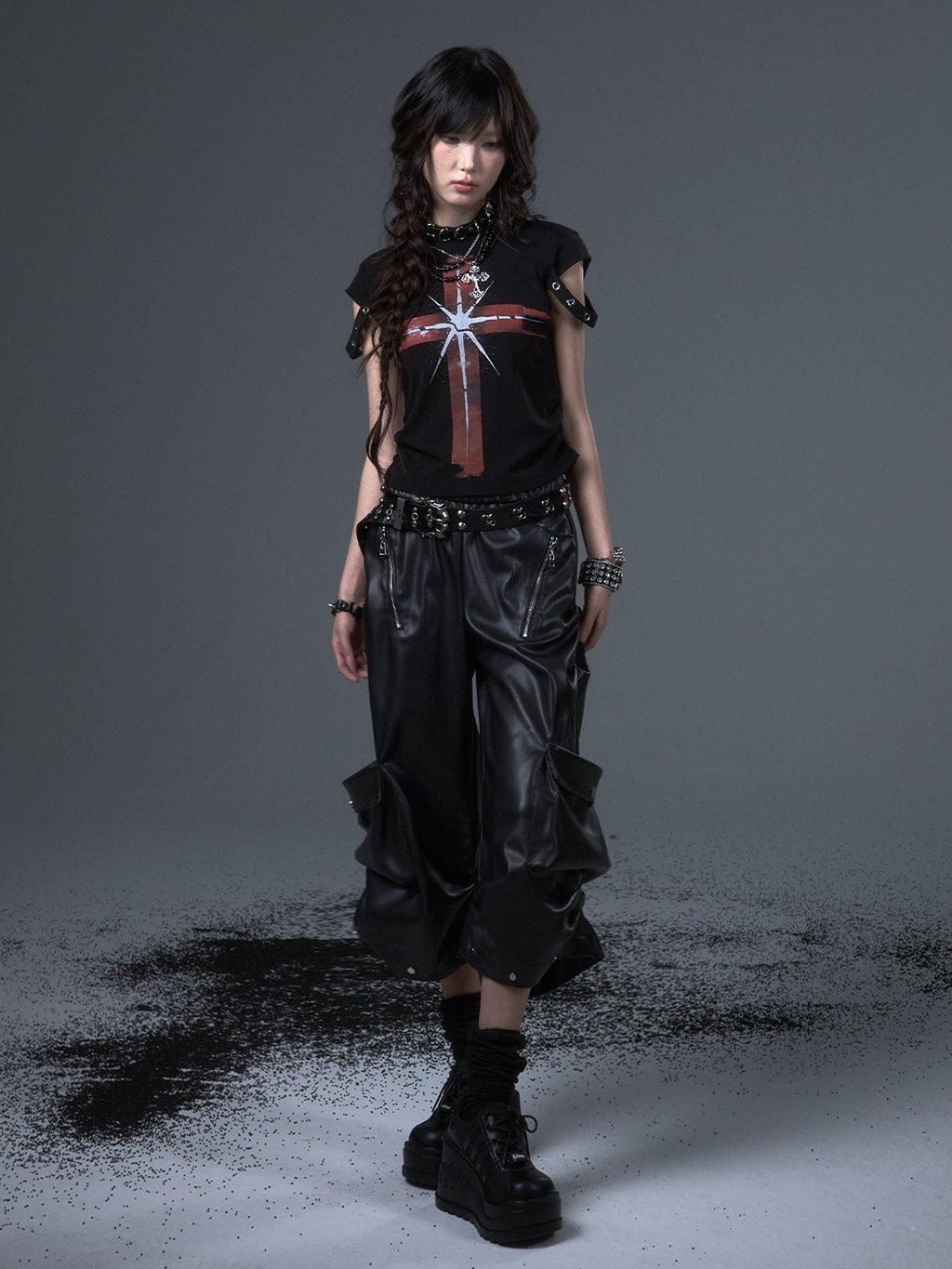 Frustration Garden Original Loose Cargo Natural Waist Elastic Unisex Black Pu Leather Pants
