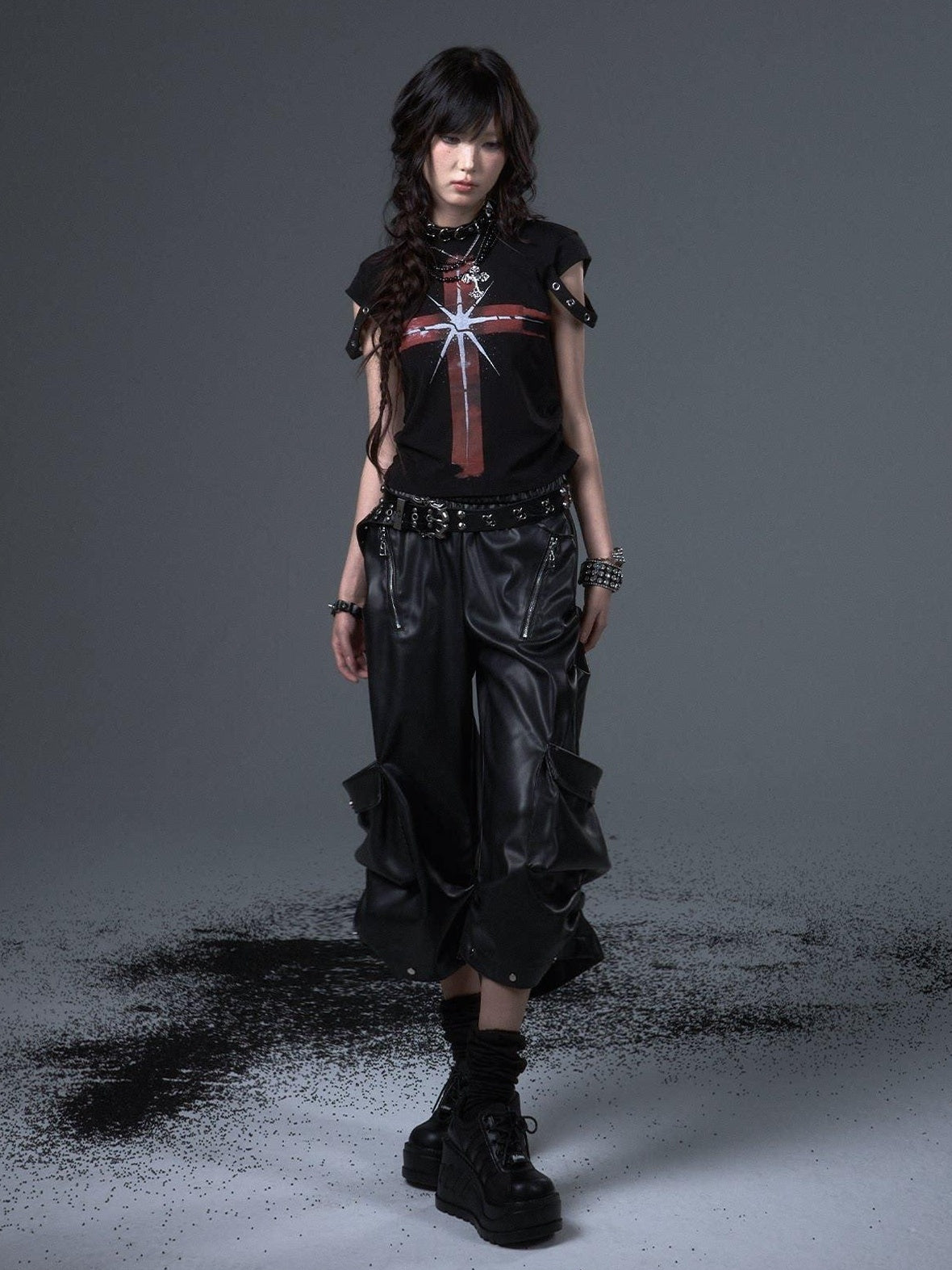 Frustration Garden Original Loose Cargo Natural Waist Elastic Unisex Black Pu Leather Pants