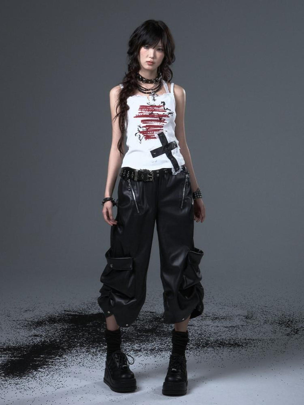 Frustration Garden Original Loose Cargo Natural Waist Elastic Unisex Black Pu Leather Pants