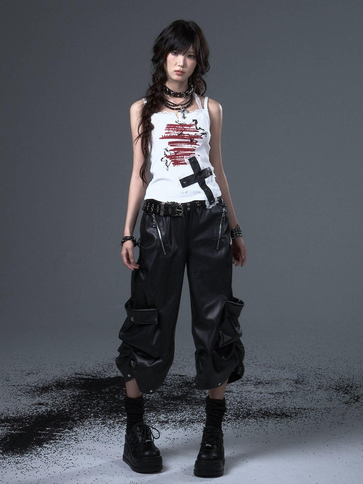 Frustration Garden Original Loose Cargo Natural Waist Elastic Unisex Black Pu Leather Pants