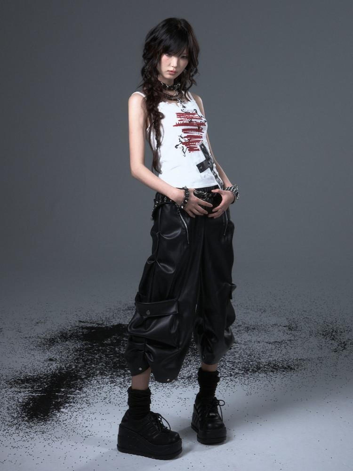 Frustration Garden Original Loose Cargo Natural Waist Elastic Unisex Black Pu Leather Pants