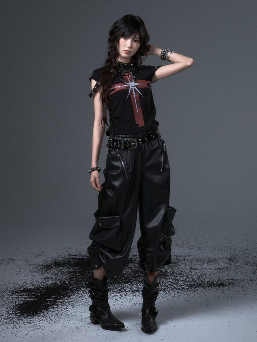 Frustration Garden Original Loose Cargo Natural Waist Elastic Unisex Black Pu Leather Pants