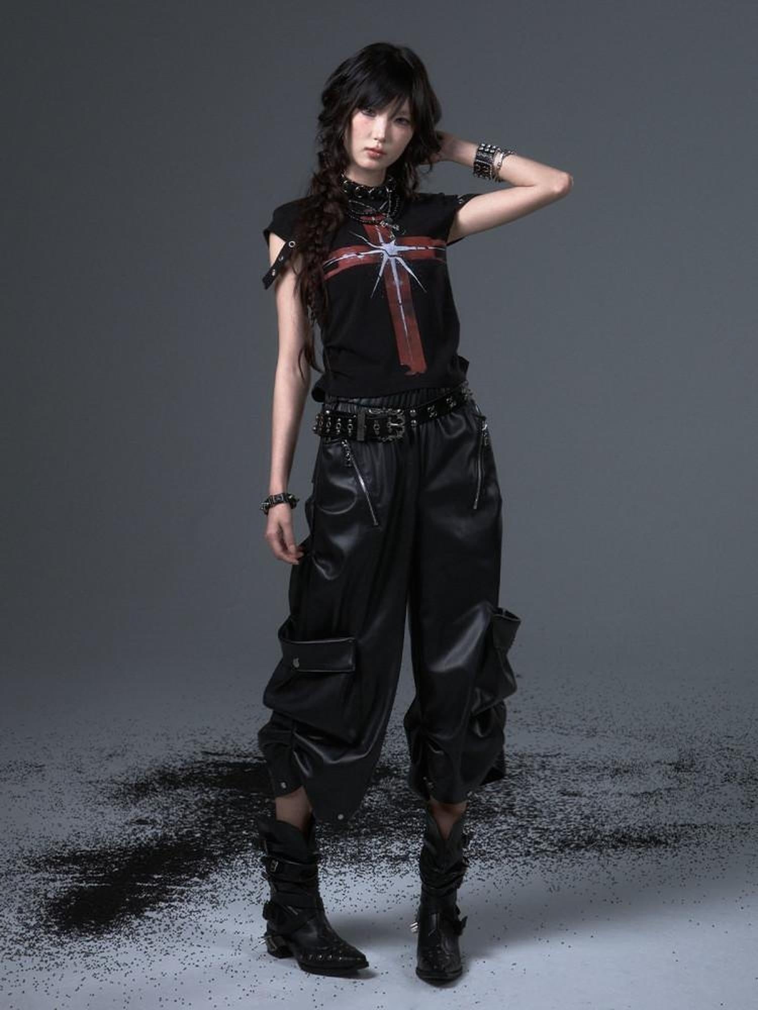 Frustration Garden Original Loose Cargo Natural Waist Elastic Unisex Black Pu Leather Pants