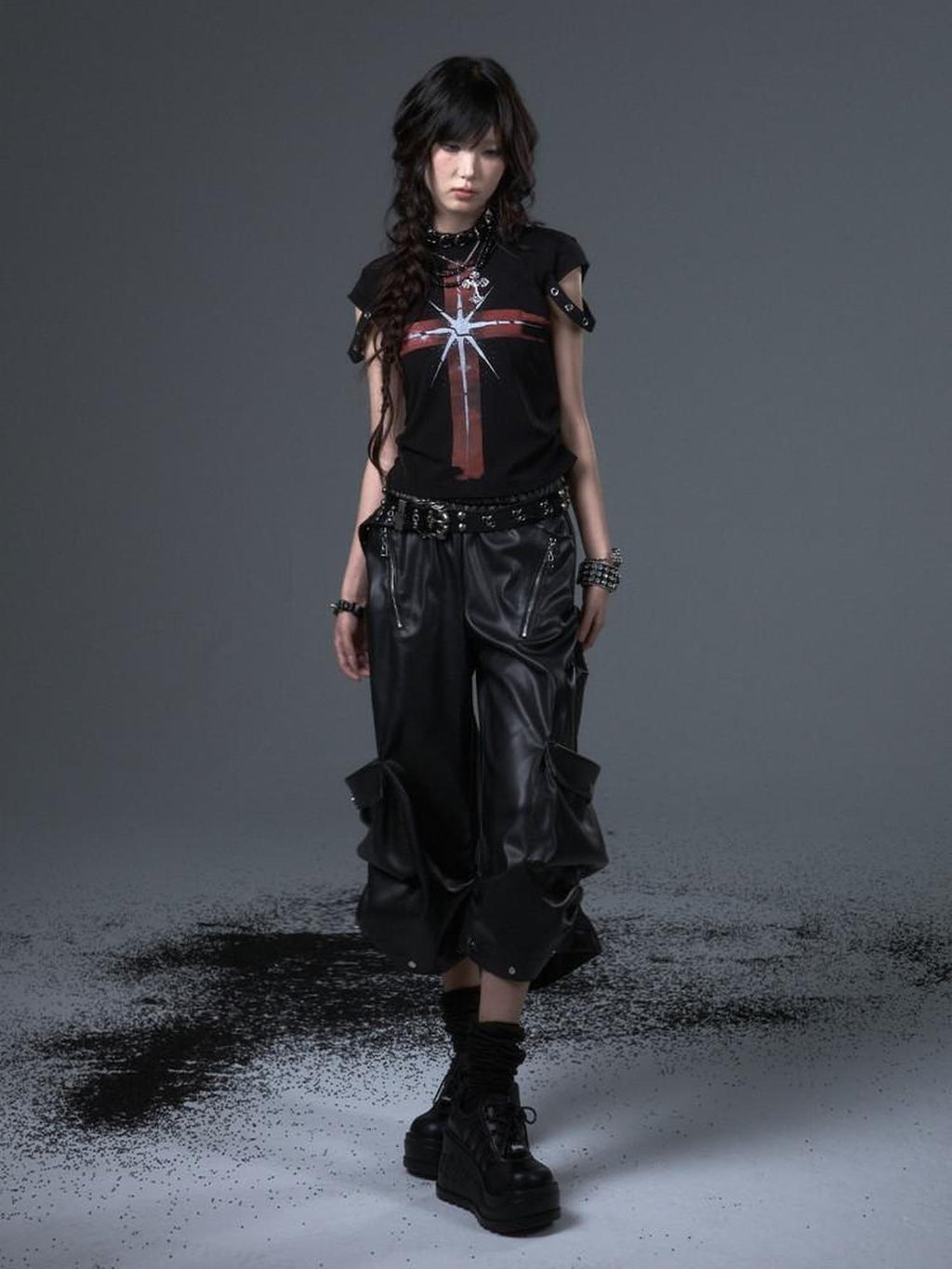 Frustration Garden Original Loose Cargo Natural Waist Elastic Unisex Black Pu Leather Pants