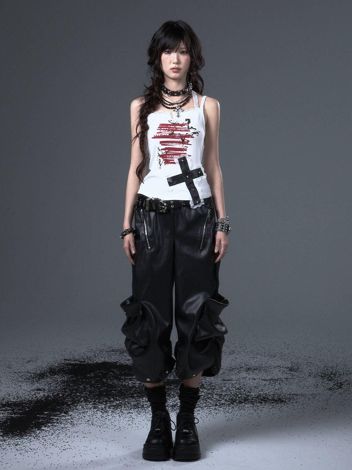 Frustration Garden Original Loose Cargo Natural Waist Elastic Unisex Black Pu Leather Pants