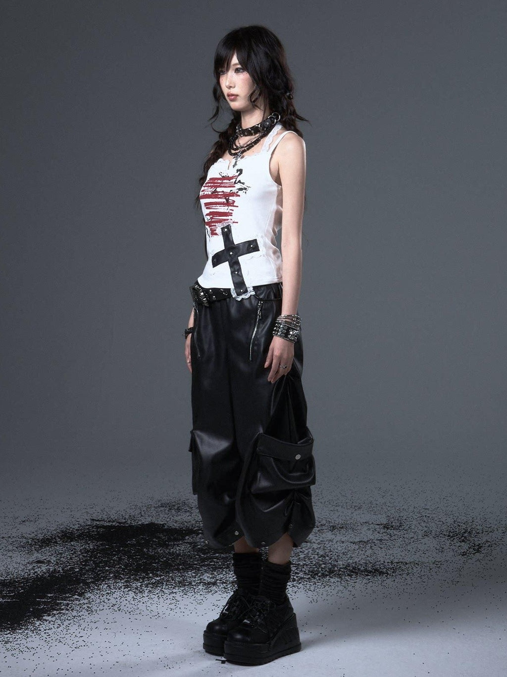 Frustration Garden Original Loose Cargo Natural Waist Elastic Unisex Black Pu Leather Pants
