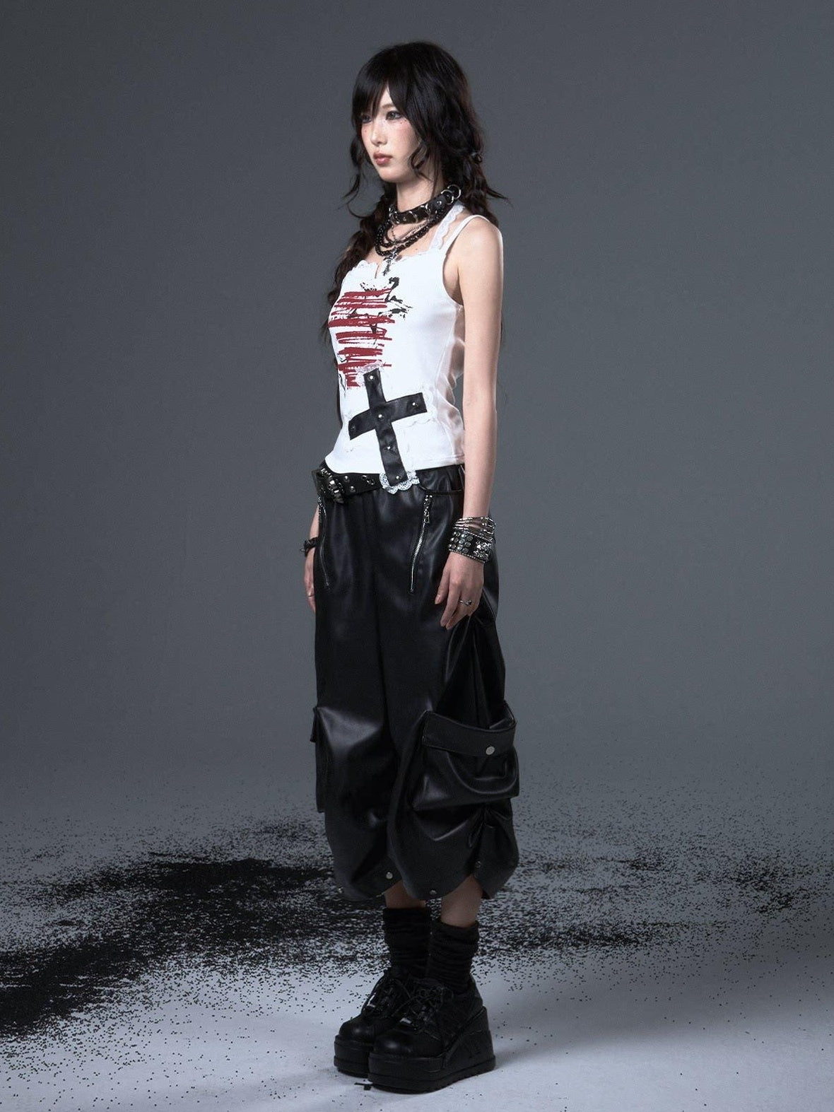 Frustration Garden Original Loose Cargo Natural Waist Elastic Unisex Black Pu Leather Pants