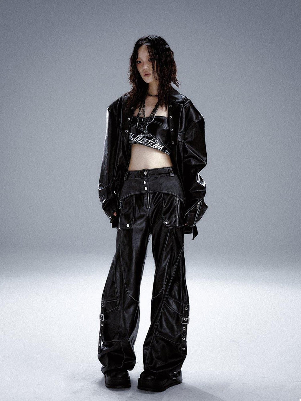 Frustration Garden Original Pu Pocket Cargo 3D Detail Natural Waist Women Black Leather Pants