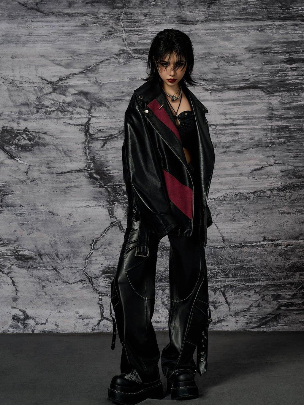 Frustration Garden Original Pu Pocket Cargo 3D Detail Natural Waist Women Black Leather Pants