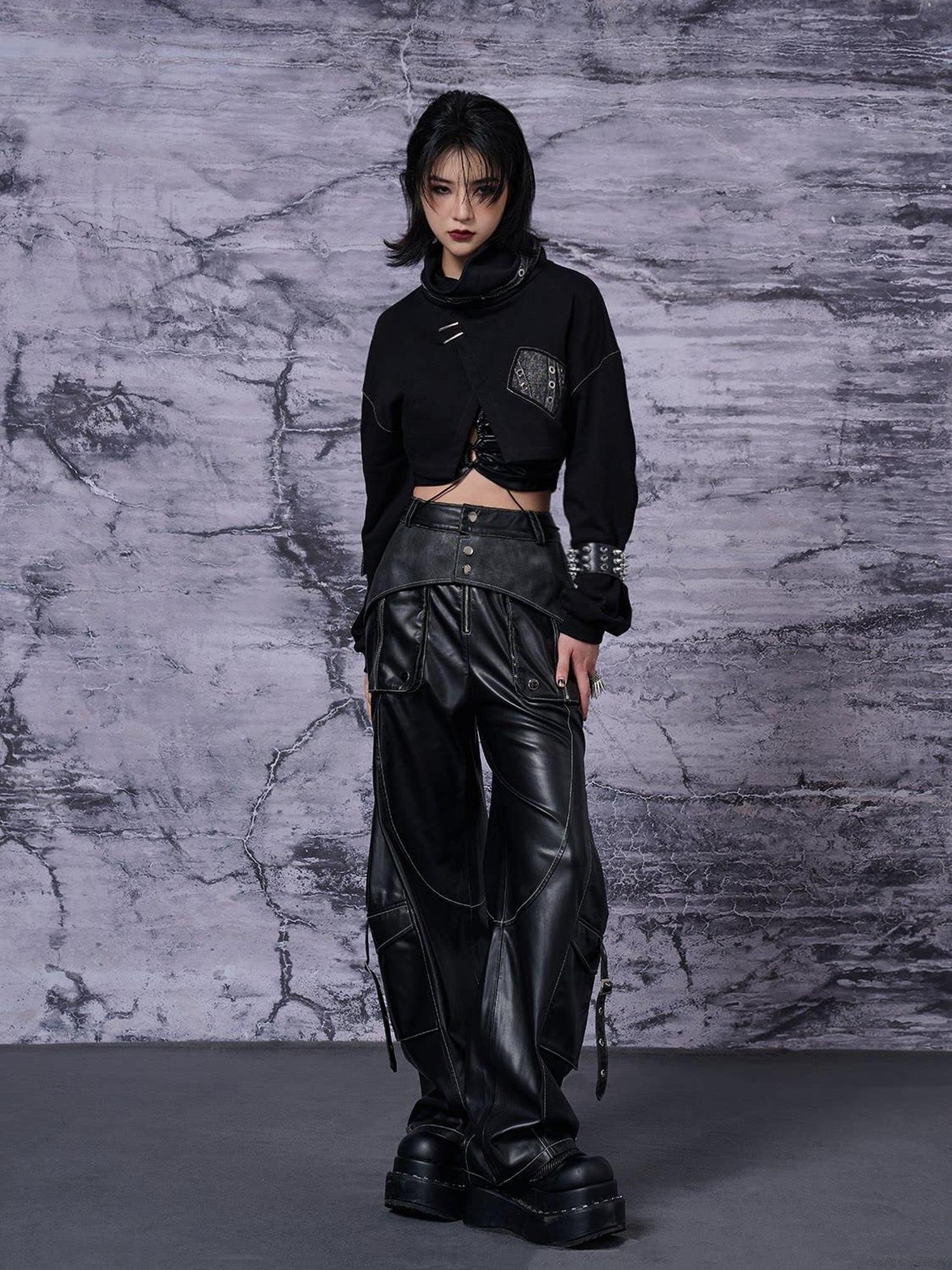 Frustration Garden Original Pu Pocket Cargo 3D Detail Natural Waist Women Black Leather Pants