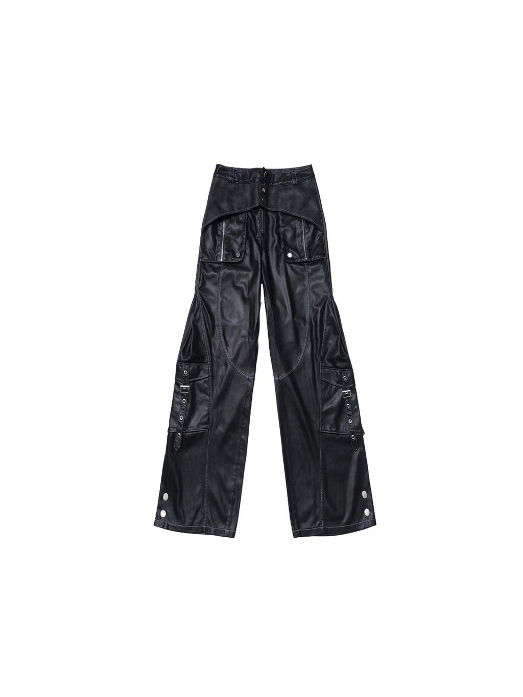 Frustration Garden Original Pu Pocket Cargo 3D Detail Natural Waist Women Black Leather Pants