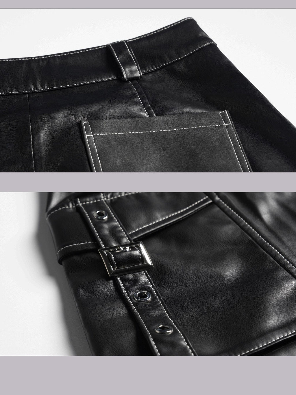 Frustration Garden Original Pu Pocket Cargo 3D Detail Natural Waist Women Black Leather Pants