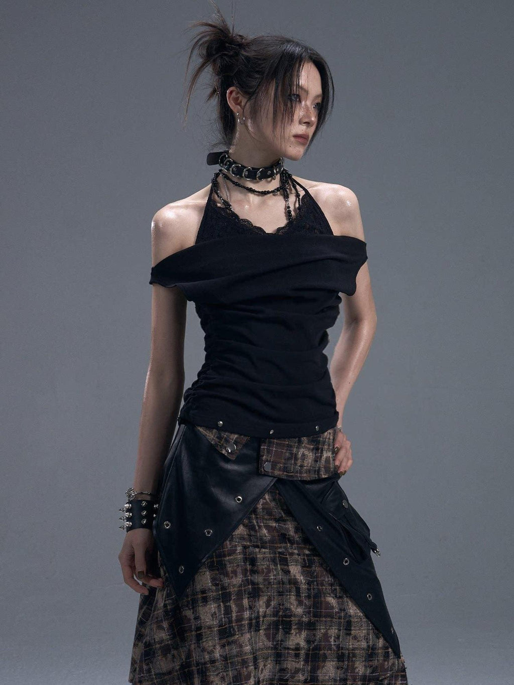 Frustration Garden Original Ruched Lace Studded Tie Slim Fit Faux Layer Black Women Tank Tops