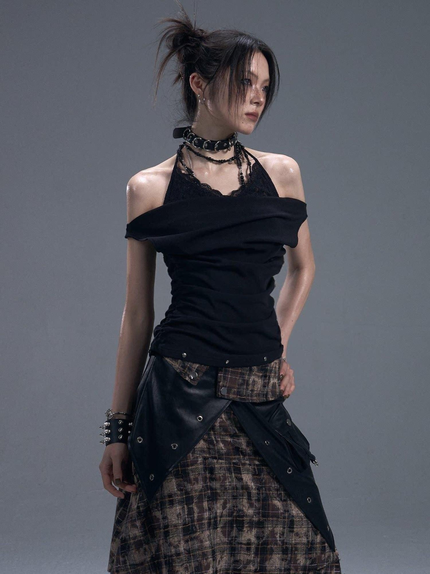 Frustration Garden Original Ruched Lace Studded Tie Slim Fit Faux Layer Black Women Tank Tops
