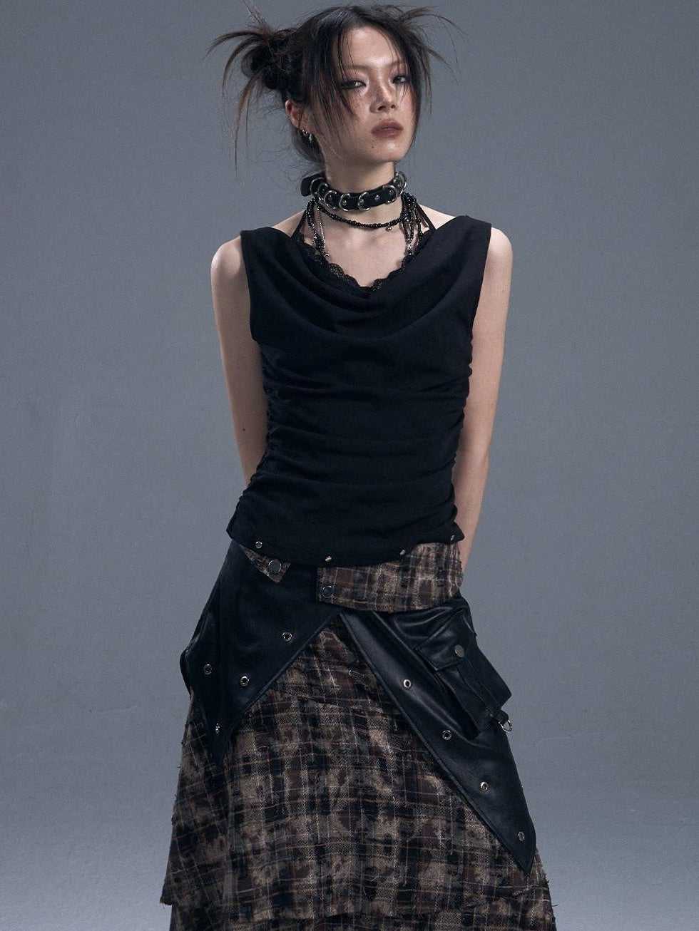 Frustration Garden Original Ruched Lace Studded Tie Slim Fit Faux Layer Black Women Tank Tops