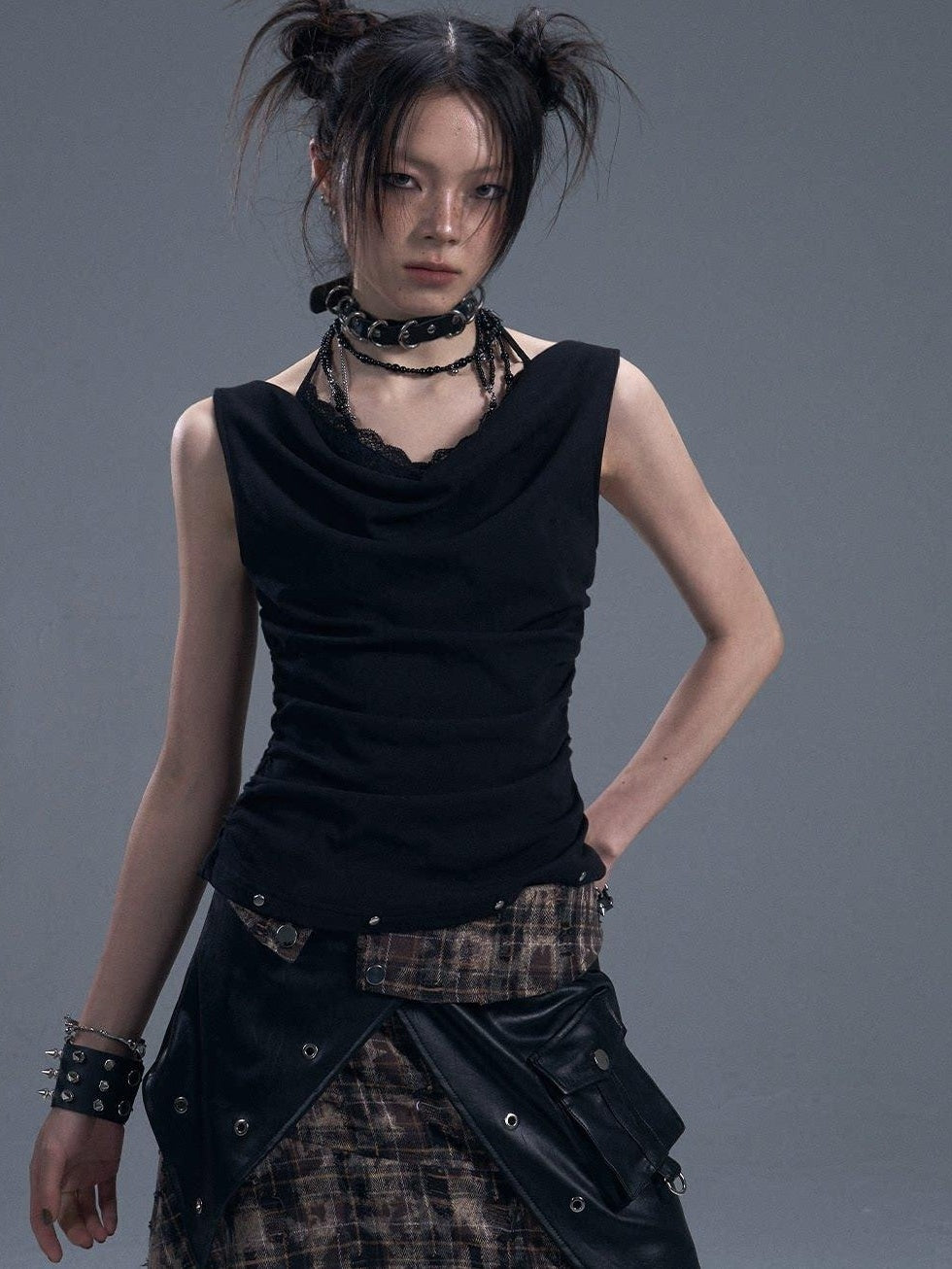 Frustration Garden Original Ruched Lace Studded Tie Slim Fit Faux Layer Black Women Tank Tops