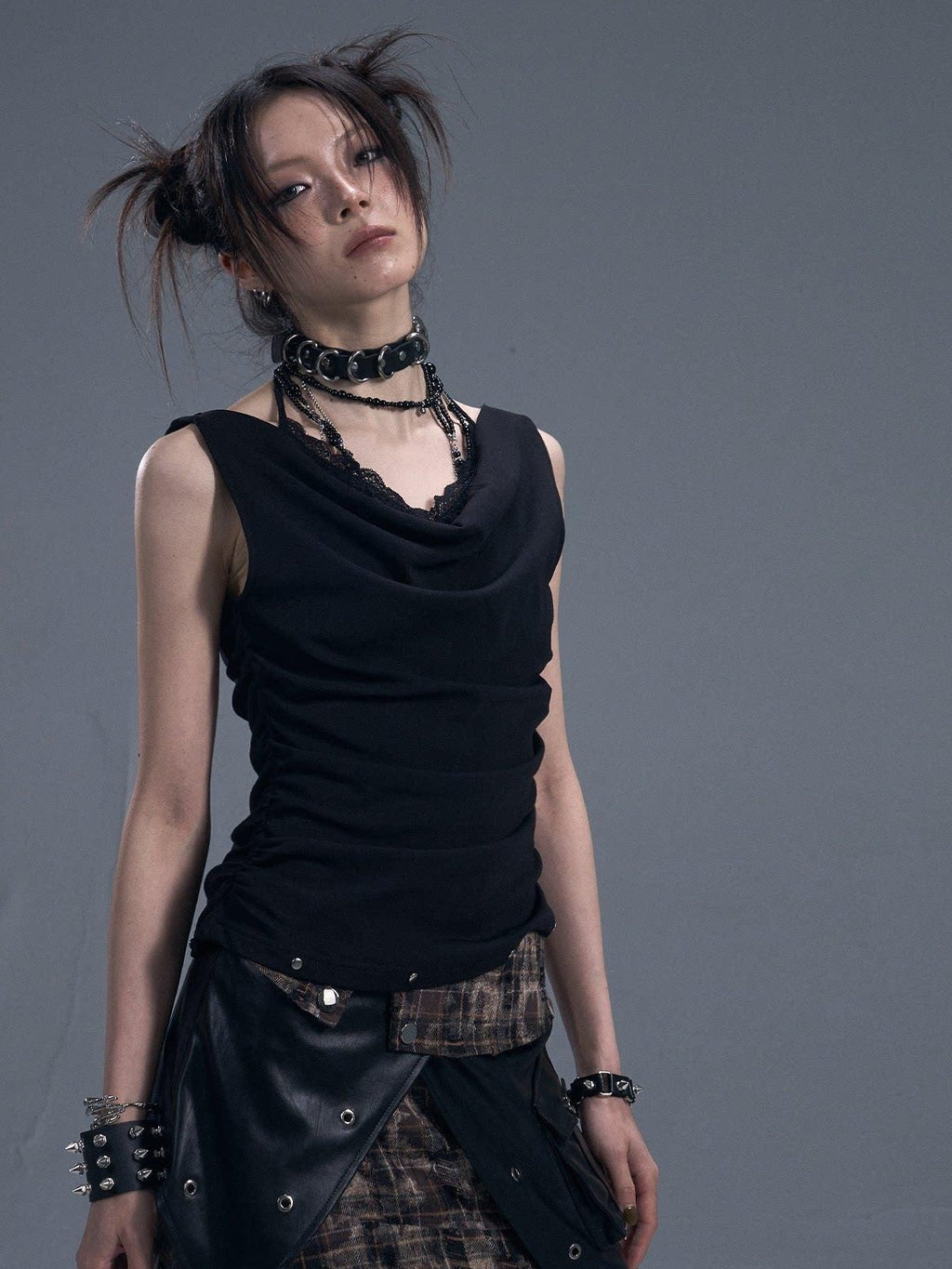 Frustration Garden Original Ruched Lace Studded Tie Slim Fit Faux Layer Black Women Tank Tops